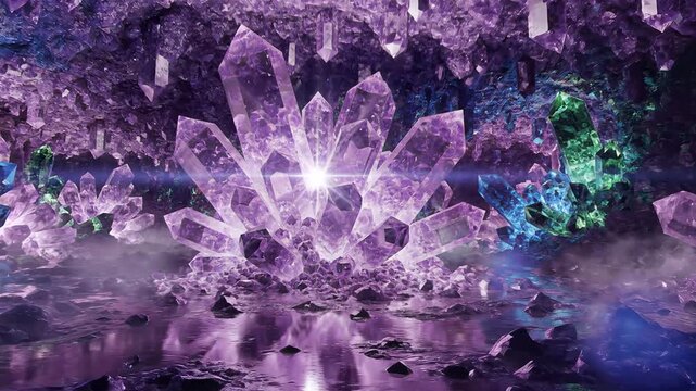 Abstract digital crystal formation with glowing purple energy and reflective surfaces