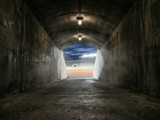 Fototapeta premium Dramatic view from a concrete tunnel leading to a brightly lit outdoor sports stadium under a twilight sky