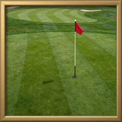 Obraz premium Graffiti Golf Art. A Gold Frame Features A Red Golf Flag And White Ball On Green Grass In An Abstract Setting