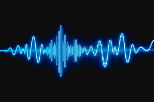 A bright blue neon-style sound wave visualization displayed against a solid dark background, representing audio signals and frequency patterns.