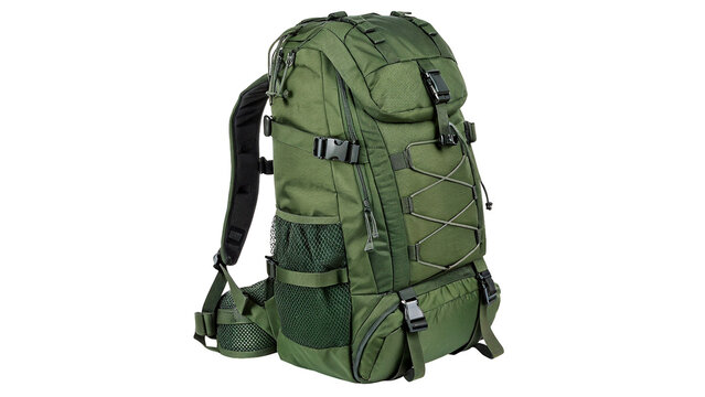 Durable green tactical military backpack rucksack outdoor camping hiking equipment gear isolated on transparent background