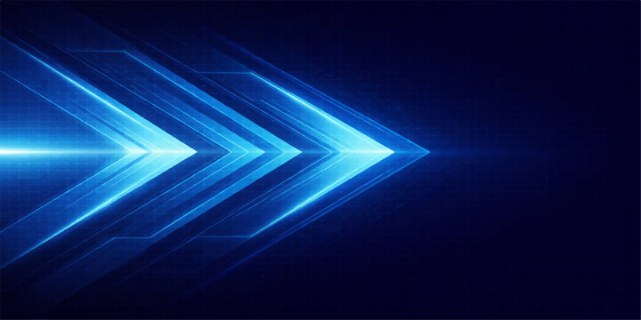 Abstract Blue Speed Arrow: Dynamic blue streaks form a forward-pointing arrow, symbolizing speed, progress, and digital data flow against a dark background.