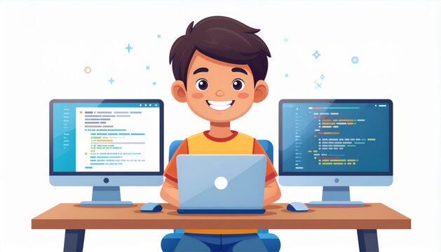 Young Programmer Kid Coding on Computer Vector Illustration, Child Learning Programming and Game Development