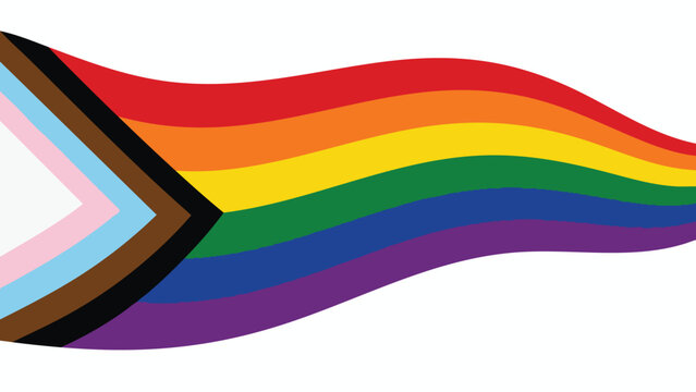 Progress Pride Flag waving with vibrant rainbow colors and inclusive design on white background