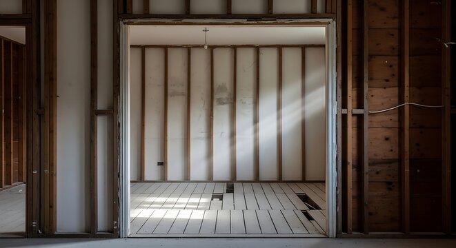 Fixer upper house interior featuring exposed wooden wall framing and unfinished wooden flooring during a home renovation project with natural light