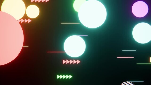 光るネオンの丸と矢印が横に移動するサイバーなループ背景動画素材 / Glowing neon circles and arrows moving horizontally cyber loop background video
