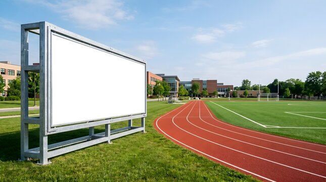 Blank billboard on a school sports field with running track and modern buildings.