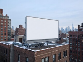Obraz premium New York City rooftop billboard with distant skyline and snow-covered buildings.