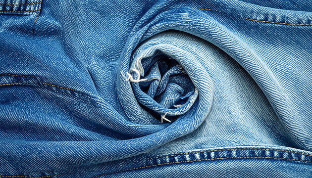 close-up of blue denim fabric swirled into a spiral, textured with visible threads and seams, rich indigo dye