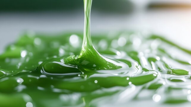 Green liquid pouring onto a surface. Close-up. Possible use science, product testing, or manufacturing