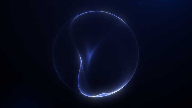 Blue plasma orb with fluid inner light ribbons, elongated energy form, subtle purple glow and luminous structure in dark space