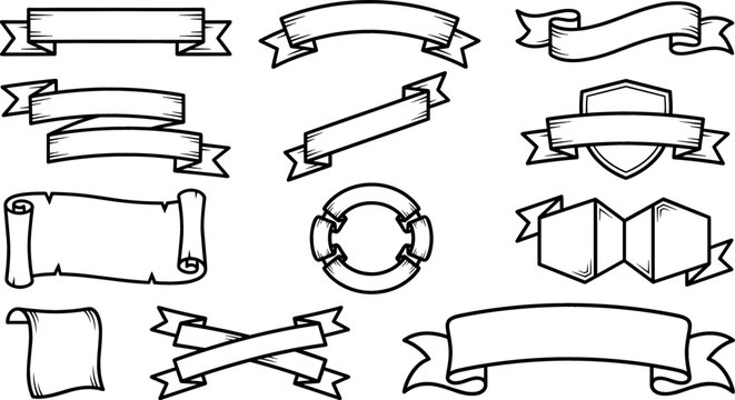 Ribbon banner doodle collection featuring vintage hand drawn scrolls blank flags and decorative heraldic labels isolated on white background vector illustration