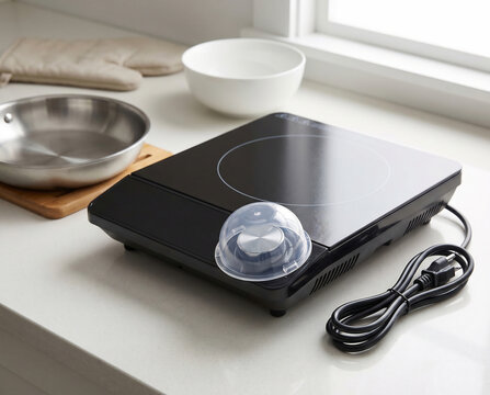 Inactive induction cooktop with safety lockout cap and unplugged cord
