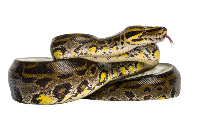 Python snake coiled with yellow and black markings