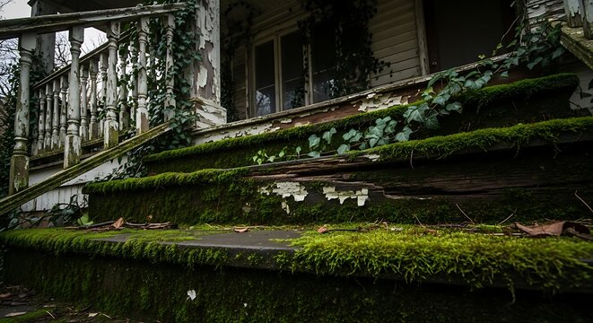 A fixer upper house showing weathered wooden stairs covered in thick green moss and ivy creeping up the side of a dilapidated porch of an old building