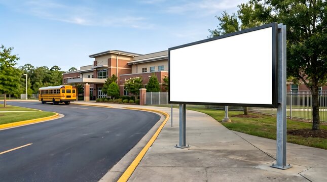 School bus drop-off area with modern school building and blank billboard