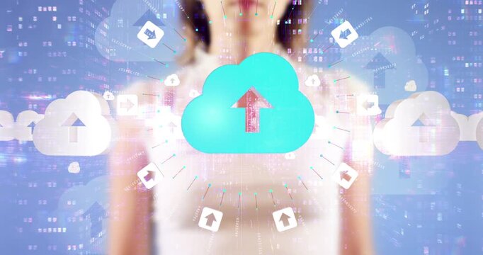 Female hand touching futuristic screen with glowing cloud upload icon. Technology Related 3D Symbol Animations.