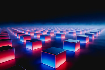 Fototapeta premium A 3D rendered scene of glowing blue and red neon cubes arranged in orderly rows across a dark misty space, creating a futuristic digital atmosphere.