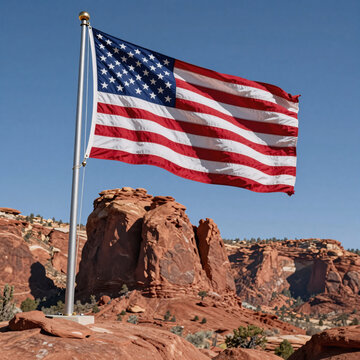 Stop-Motion Denver Red Rocks. Image Of The American Flag In Front Of A Red Rock Formation At Roxborough State Park, Colorado
