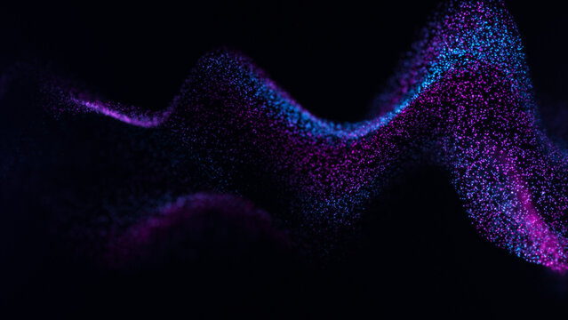 Abstract glowing neon particles forming smooth wave surface, blue pink digital light streams, luminous dots and fluid landscape on dark background
