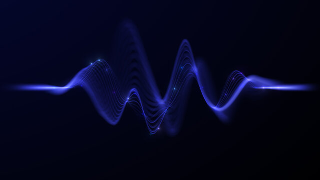 Abstract wave flow data particles, blue amplitude oscillation background, blue digital equalizer diagram and glowing dark event screen