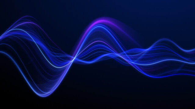 Abstract neon background with blurred glowing blue wavy lines, digital sound waves, information transmission and deep blue background