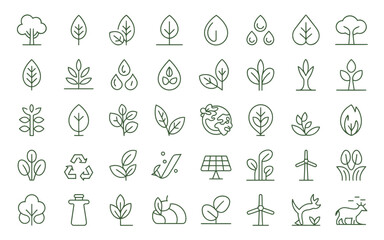 Fototapeta premium Eco and Sustainability Line Icons Set – Green Energy, Nature, Recycling, Solar Power and Environmental Outline Collection