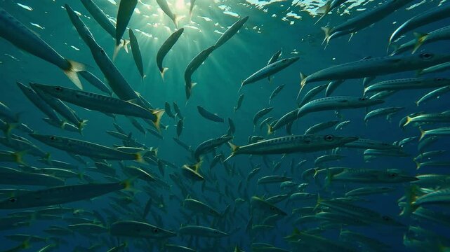 Close-up, bottom view of a shoal of Yellowtail Barracuda, Sphyraena flavicauda forming a ball and swimming glistening in the morning sunlight, backlit by the sun, slow motion