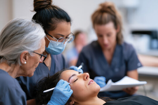 In this image, two medical professionals focus on a patient&rsquo;s treatment, showcasing teamwork in a clinical setting with attention to detail and compassion.