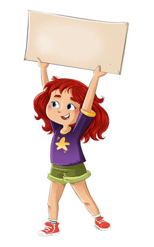 Little girl holding a banner, children's illustration
