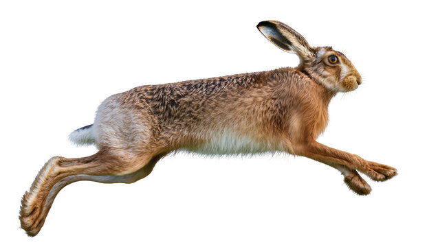 Brown hare running with legs extended, side view