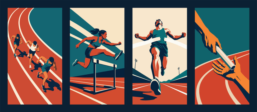Vintage Track and Field Athletics Collection with Running, Hurdles and Sports Illustration