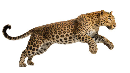 Leopard mid-leap with spotted fur and long tail © Fried