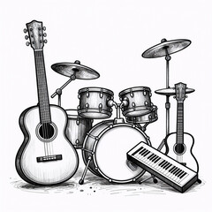 Naklejka premium Indian Miniature Jazz And Blues. Hand-Drawn Doodle Cartoon With Detailed Illustrations Of A Whimsical Music Scene