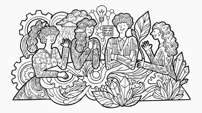 Creativity - Diverse Team Brainstorming and Collaboration for Innovation, a Creative Line Art Illustration Showing Teamwork and Holistic Problem