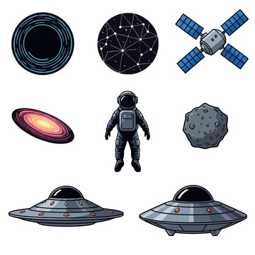 Set of isolated space elements with astronaut satellite ufo asteroid black hole and galaxy.