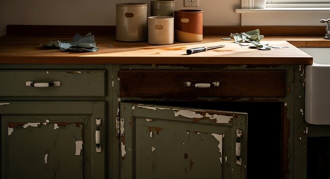 Rustic kitchen renovation in a fixer upper house featuring peeling green paint cabinets wooden countertops and ceramic pottery for a DIY home remodel project