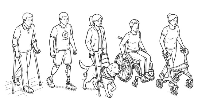 Prosthetic - Diverse group of disabled people using various mobility aids to promote inclusion, diversity, and handicap accessibility in a modern