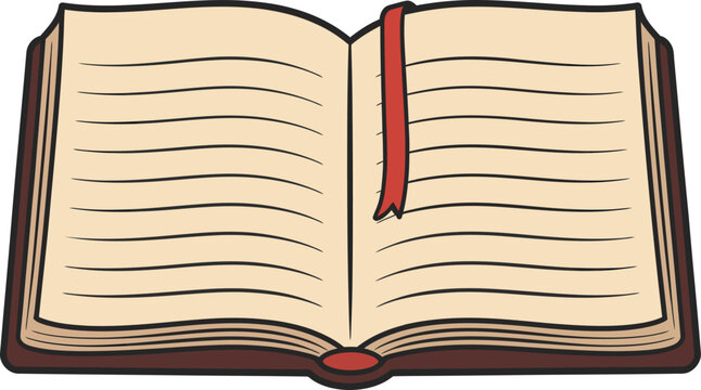 Detailed open notebook with lined pages and red ribbon bookmark vector.