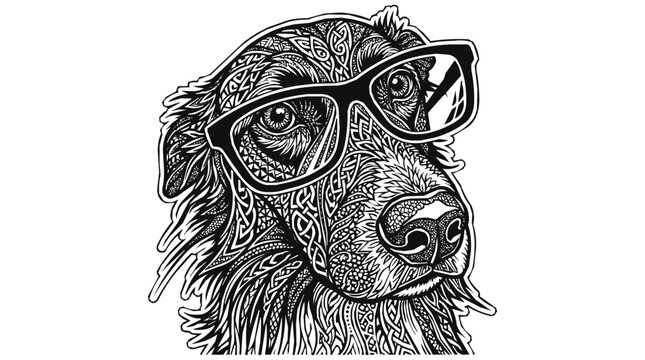 Detailed dog wearing glasses featuring an intricate pattern and zentangle illustration style, ideal for coloring pages and artistic pet-themed