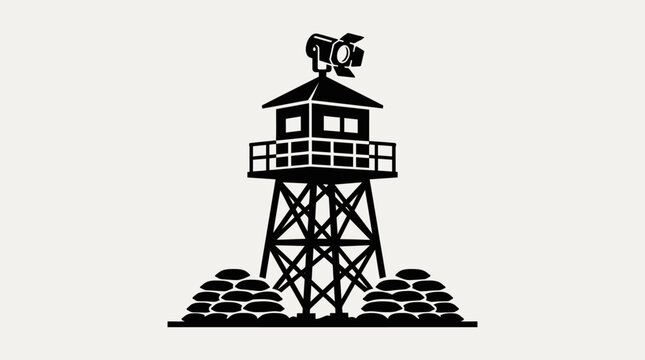 Black and white illustration of a military guard tower with sandbags.