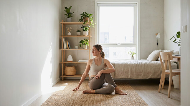 Young woman practicing yoga in a bright, minimalist bedroom with a wooden shelf and plants