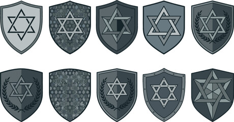 Star of David shield vector icon set featuring metallic armor coats of arms with laurel wreaths and camouflage patterns isolated on white background. © Mdjony
