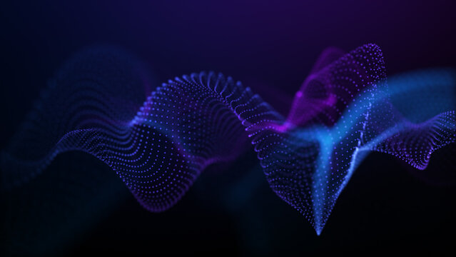 Blue violet particle wave flowing through dark digital space, glowing amplitude landscape, neon surface and abstract data stream patterns