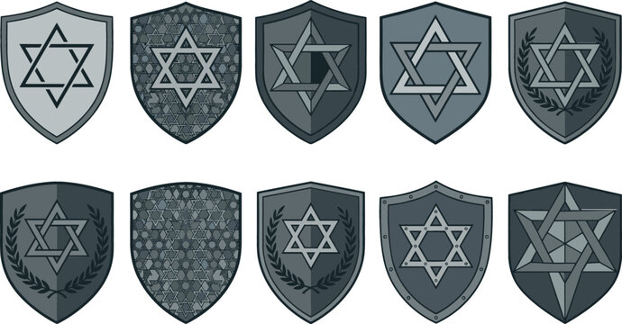 Star of David shield vector icon set featuring metallic armor coats of arms with laurel wreaths and camouflage patterns isolated on white background.