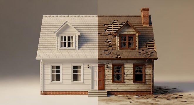 A conceptual split view showing a fixer upper house being renovated from a damaged dilapidated state into a beautiful modern home with new siding and roof
