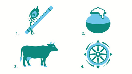 Obraz premium Janmashtami festival icon set with flute, peacock feather, butter pot, cow, and sacred wheel vector illustration