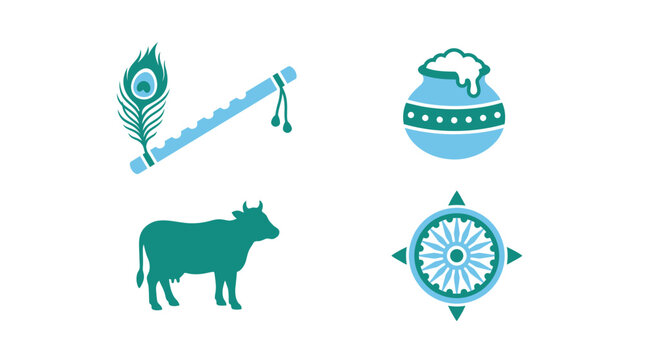 Indian cultural symbols set including Krishna flute, peacock feather, holy cow, butter pot and sudarshan chakra icons
