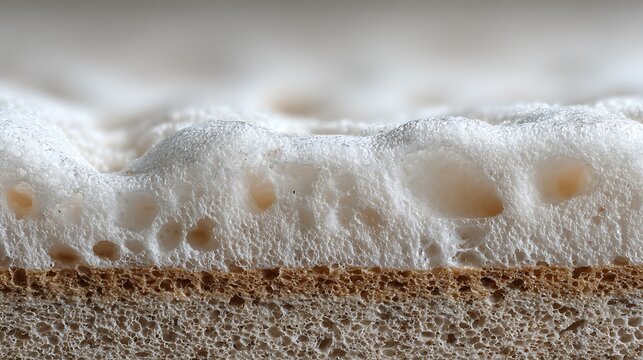 Macro view of white foam bubbles on a textured brown surface.