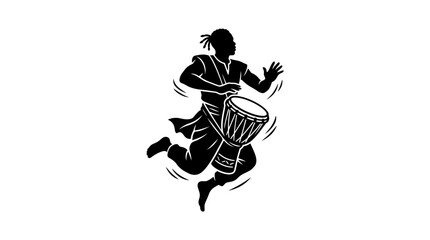 Fototapeta premium Silhouette of a man playing a djembe drum while jumping.